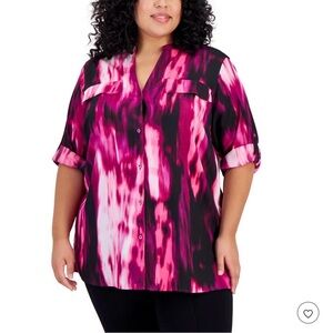 Calvin Klein Ikat Print Button-Up Blouse Pink & Black Size 1X